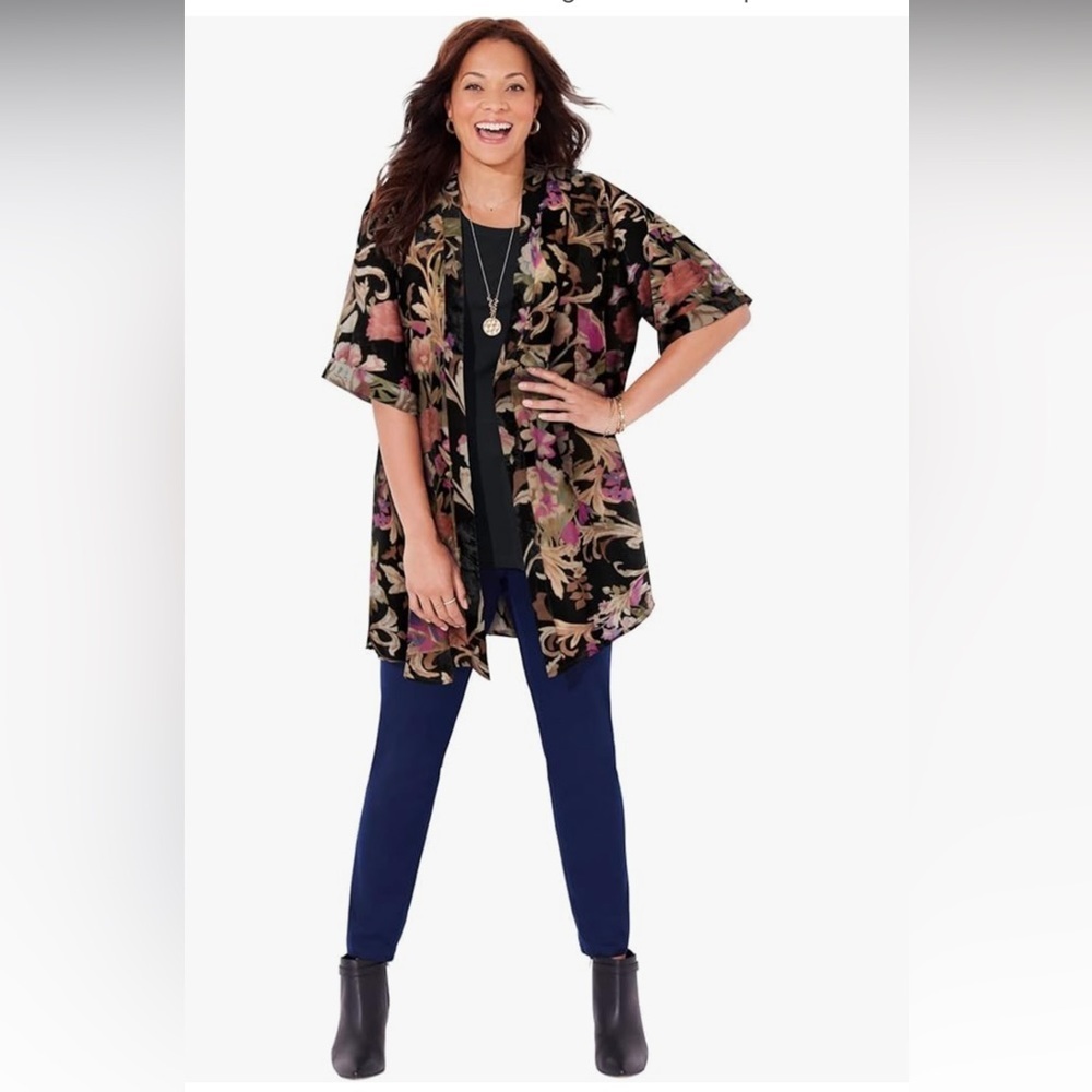 Catherines Black Burnout Velvet Floral Open Front Cardigan Kimono Sleeves 4X/5X